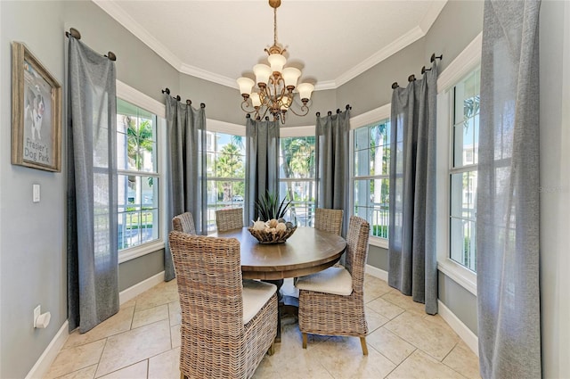 7820 34th Ave W Unit 102, Bradenton, FL 34209 - dining space featuring plenty of natural light, a chandelier, crown molding, and light tile patterned floors