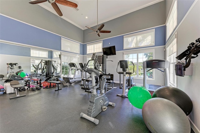 7820 34th Ave W Unit 102, Bradenton, FL 34209 - exercise room with ceiling fan, a towering ceiling, and ornamental molding