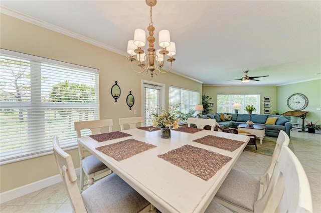 7820 34th Ave W Unit 102, Bradenton, FL 34209 - dining area featuring ornamental molding, healthy amount of natural light, light tile patterned flooring, ceiling fan, and a chandelier