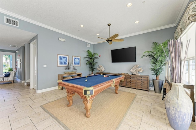 7820 34th Ave W Unit 102, Bradenton, FL 34209 - playroom with a ceiling fan, billiards, recessed lighting, a textured ceiling, and crown molding