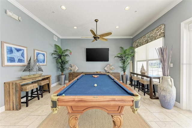 7820 34th Ave W Unit 102, Bradenton, FL 34209 - recreation room with ceiling fan, recessed lighting, pool table, tile patterned floors, and crown molding