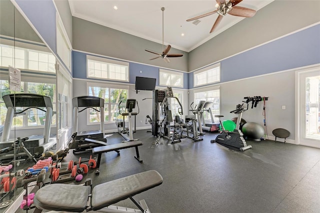 7820 34th Ave W Unit 102, Bradenton, FL 34209 - exercise room featuring a ceiling fan, plenty of natural light, ornamental molding, a high ceiling, and recessed lighting