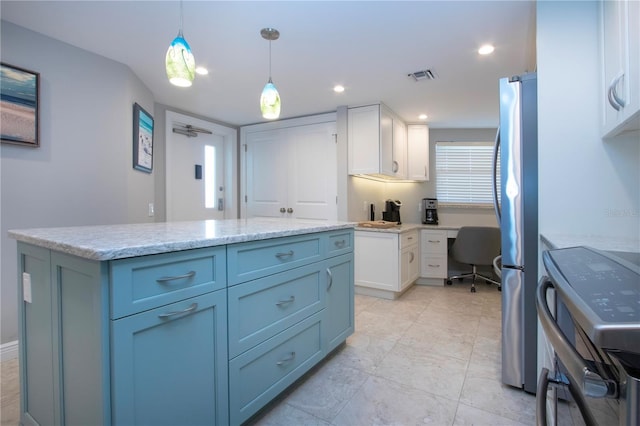 5750 Midnight Pass Rd Unit 203, Sarasota, FL 34242 - kitchen with appliances with stainless steel finishes, white cabinetry, a desk, pendant lighting, and recessed lighting