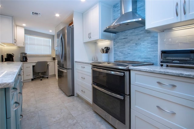 5750 Midnight Pass Rd Unit 203, Sarasota, FL 34242 - kitchen with wall chimney exhaust hood, appliances with stainless steel finishes, decorative backsplash, white cabinets, and an office area