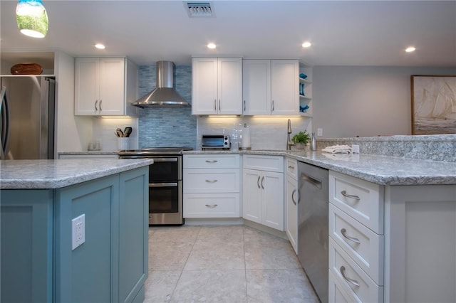 5750 Midnight Pass Rd Unit 203, Sarasota, FL 34242 - kitchen with wall chimney exhaust hood, appliances with stainless steel finishes, open shelves, white cabinets, and tasteful backsplash