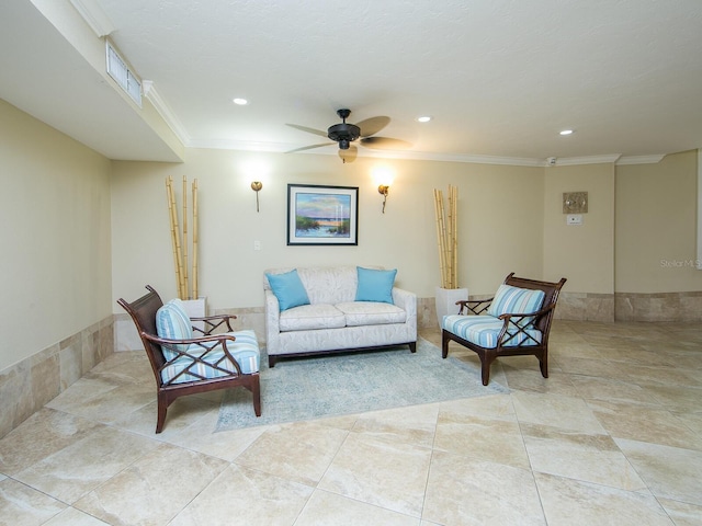 5880 Midnight Pass Rd Unit 202, Sarasota, FL 34242 - living area with ceiling fan, ornamental molding, recessed lighting, and light tile patterned floors