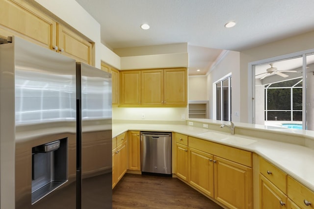 4998 Cedar Oak Way, Sarasota, FL 34233 - kitchen with stainless steel appliances, a ceiling fan, light countertops, recessed lighting, and dark wood finished floors