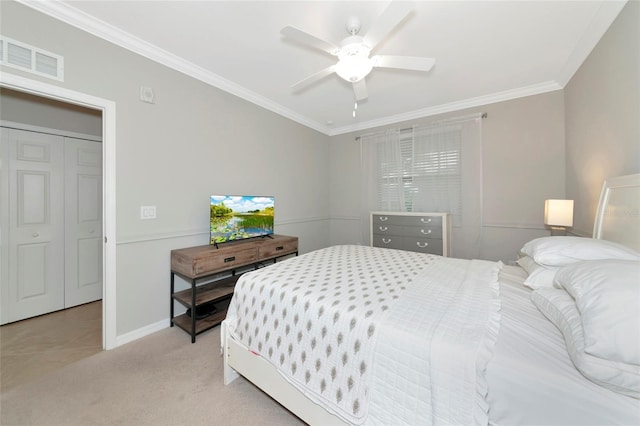 5604 Palmer Cir Unit 103, Bradenton, FL 34211 - bedroom with ornamental molding, light colored carpet, and a ceiling fan