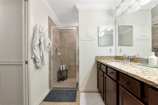5604 Palmer Cir Unit 103, Bradenton, FL 34211 - full bathroom with vanity, a stall shower, crown molding, and tile patterned floors