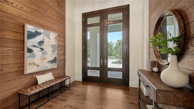 14665 Como Cir, Lakewood Ranch, FL 34202 - entryway with french doors, wooden walls, and wood-type flooring