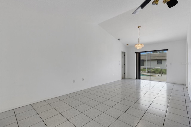 1026 Graham Rd, Venice, FL 34293 - empty room featuring a chandelier, lofted ceiling, a ceiling fan, and light tile patterned flooring