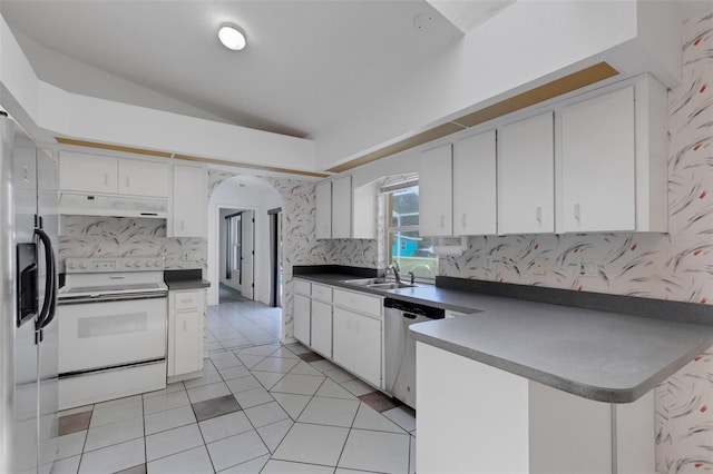 1026 Graham Rd, Venice, FL 34293 - kitchen with white electric range oven, under cabinet range hood, vaulted ceiling, stainless steel dishwasher, and backsplash