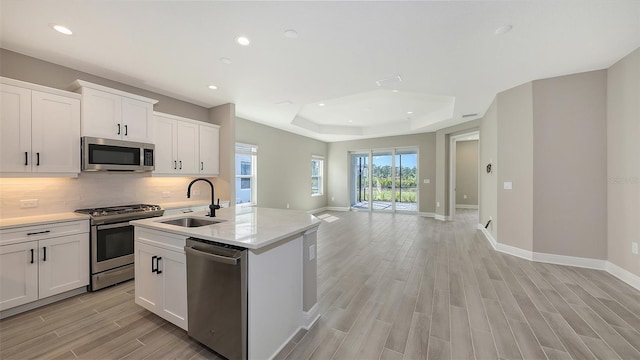 2321 Blue Mahoe Ln, Sarasota, FL 34240 - kitchen with appliances with stainless steel finishes, a sink, open floor plan, light wood-type flooring, and a raised ceiling