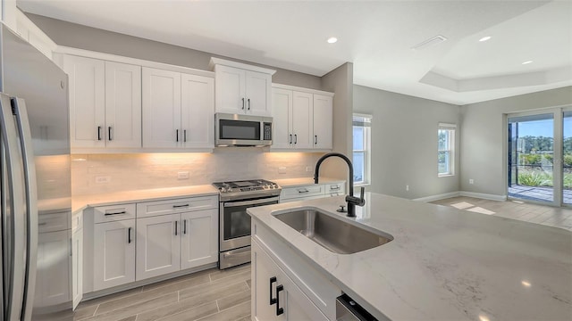 2321 Blue Mahoe Ln, Sarasota, FL 34240 - kitchen with stainless steel appliances, a sink, tasteful backsplash, recessed lighting, and white cabinets