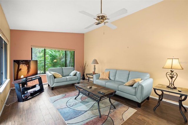 4637 Willow Wood Cir Unit 44, Sarasota, FL 34241 - living room featuring wood finished floors, a ceiling fan, and vaulted ceiling