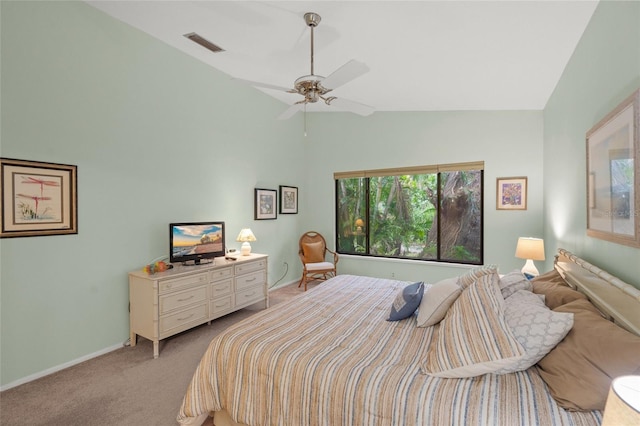 4637 Willow Wood Cir Unit 44, Sarasota, FL 34241 - bedroom with light colored carpet, high vaulted ceiling, and a ceiling fan