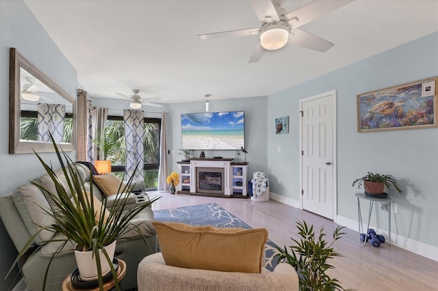 1500 Sunset Rd Unit B4, Tarpon Springs, FL 34689 - living room with wood finished floors, a ceiling fan, and a glass covered fireplace