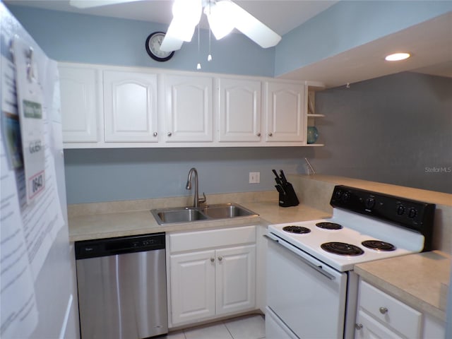 1801 Gulf Dr N Unit 207, Bradenton Beach, FL 34217 - kitchen featuring white appliances, a ceiling fan, white cabinetry, and light countertops
