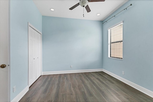 13503 22nd Ct E, Parrish, FL 34219 - unfurnished bedroom featuring dark wood-type flooring, a closet, recessed lighting, and ceiling fan