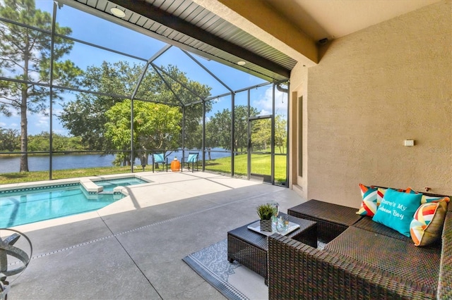 13503 22nd Ct E, Parrish, FL 34219 - view of pool featuring a water view, a patio area, a pool with connected hot tub, an outdoor living space, and glass enclosure