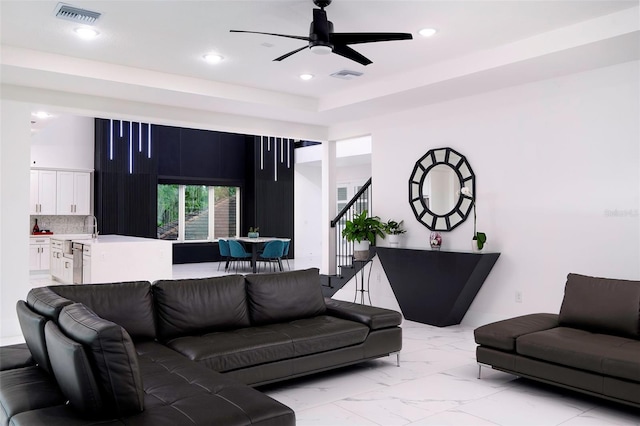 1841 Moorings Ct, Clermont, FL 34711 - living room with ceiling fan, light marble finish floors, recessed lighting, and stairway