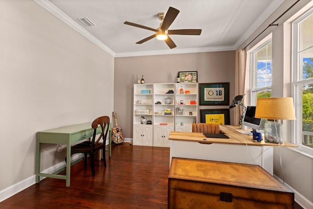 4617 Garden Arbor Way, Bradenton, FL 34203 - office area featuring dark wood-style floors, baseboards, ceiling fan, and ornamental molding