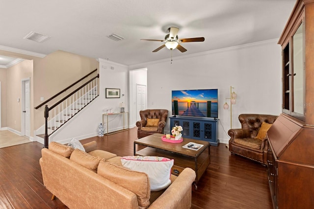 4617 Garden Arbor Way, Bradenton, FL 34203 - living room with stairs, ornamental molding, a ceiling fan, hardwood / wood-style flooring, and baseboards