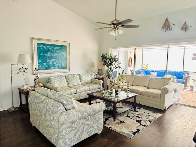4907 Kilty Ct E, Bradenton, FL 34203 - living area with hardwood / wood-style flooring, ceiling fan, and high vaulted ceiling