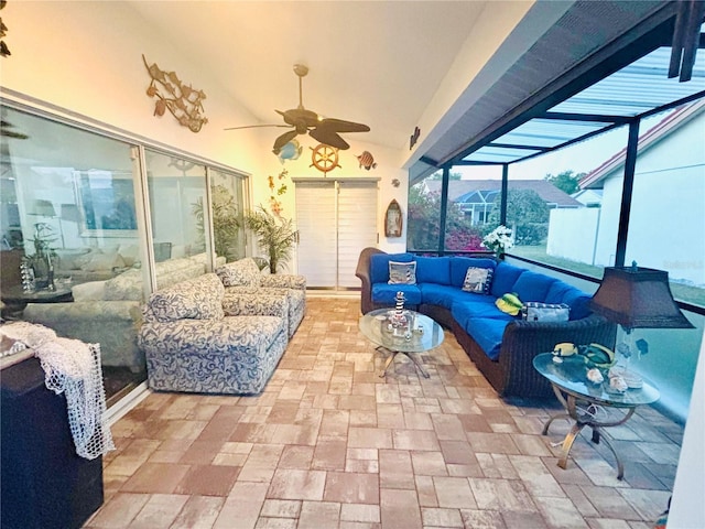 4907 Kilty Ct E, Bradenton, FL 34203 - sunroom / solarium with ceiling fan, an outdoor hangout area, and lofted ceiling