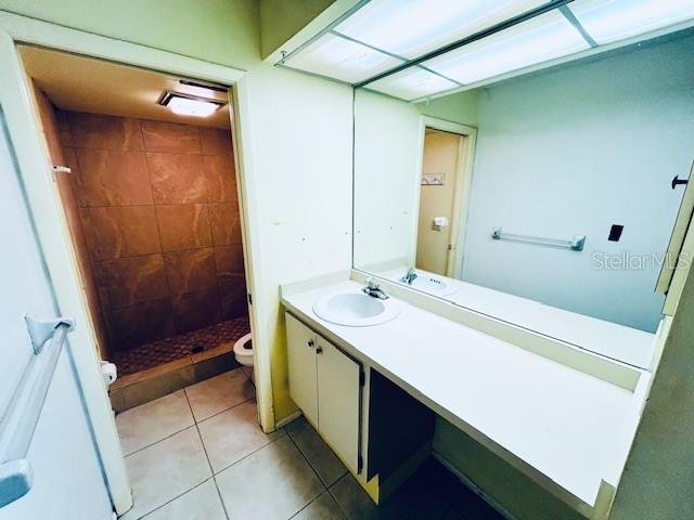 2607 29th Ave W, Bradenton, FL 34205 - full bathroom featuring toilet, vanity, a stall shower, and tile patterned floors