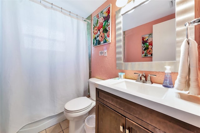 5948 Mirror Lake Rd, Sarasota, FL 34238 - bathroom with vanity, tile patterned flooring, a shower with curtain, and a textured wall