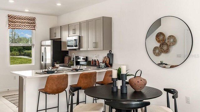 8697 Daybreak St, Sarasota, FL 34241 - kitchen featuring gray cabinets, stainless steel appliances, a breakfast bar, recessed lighting, and a peninsula