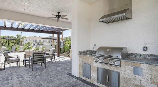 8689 Daybreak St, Sarasota, FL 34241 - view of patio / terrace featuring outdoor dining area, a ceiling fan, a sink, and a pergola