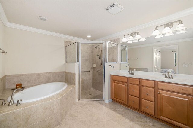 6923 Grand Estuary Trl Unit 101, Bradenton, FL 34212 - bathroom featuring a bath, ornamental molding, a shower stall, double vanity, and tile patterned floors
