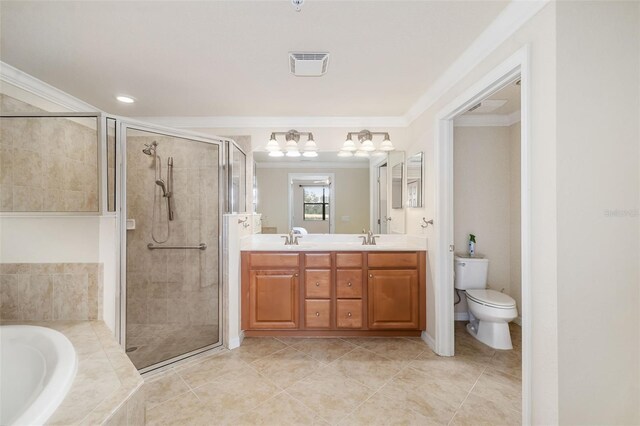 6923 Grand Estuary Trl Unit 101, Bradenton, FL 34212 - full bathroom with a bath, double vanity, a shower stall, ornamental molding, and tile patterned floors