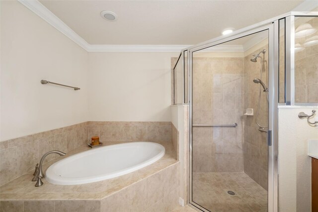 6923 Grand Estuary Trl Unit 101, Bradenton, FL 34212 - full bath with a bath, a stall shower, crown molding, and vanity