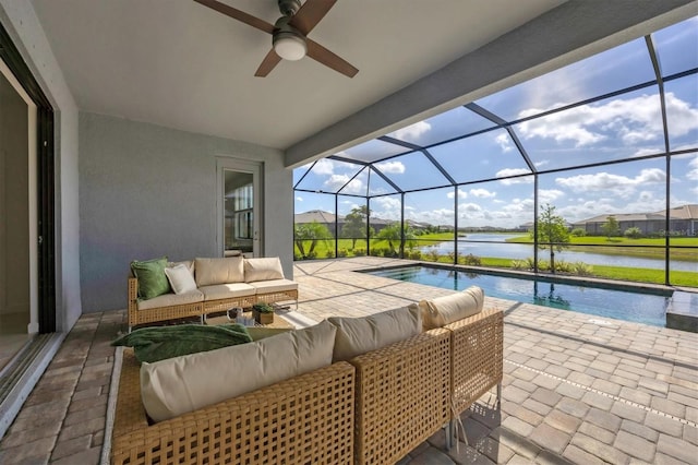 15344 Serene Shores Loop, Lakewood Ranch, FL 34211 - view of patio featuring an outdoor hangout area, an outdoor pool, ceiling fan, a water view, and a lanai