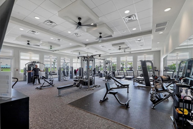 15344 Serene Shores Loop, Lakewood Ranch, FL 34211 - gym featuring ceiling fan, a raised ceiling, and recessed lighting