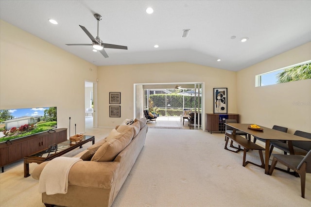 5508 Whitehead St, Bradenton, FL 34203 - living room featuring light carpet, vaulted ceiling, recessed lighting, and a ceiling fan
