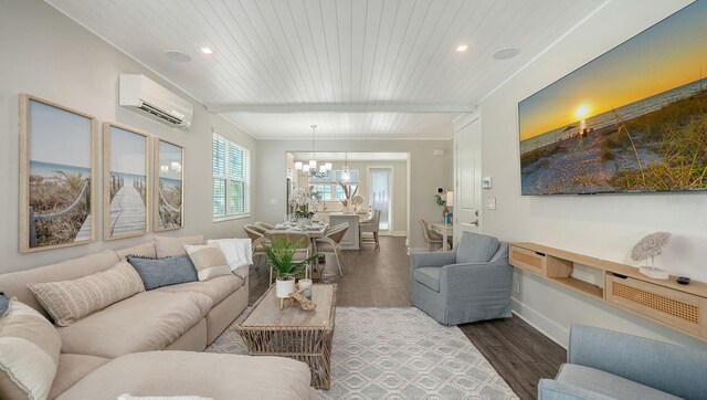 4322 Marina View Way, Cortez, FL 34215 - living room featuring a wall mounted air conditioner, dark wood-type flooring, baseboards, a chandelier, and wooden ceiling