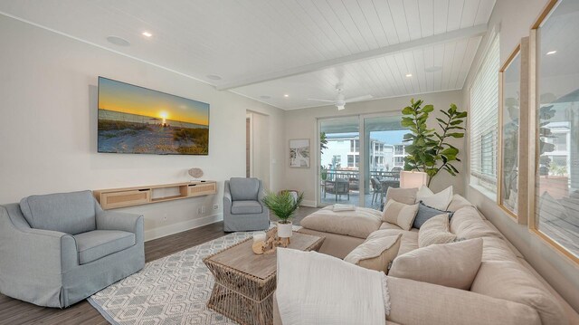4322 Marina View Way, Cortez, FL 34215 - living area featuring wood finished floors, baseboards, wooden ceiling with exposed beams, a ceiling fan, and recessed lighting