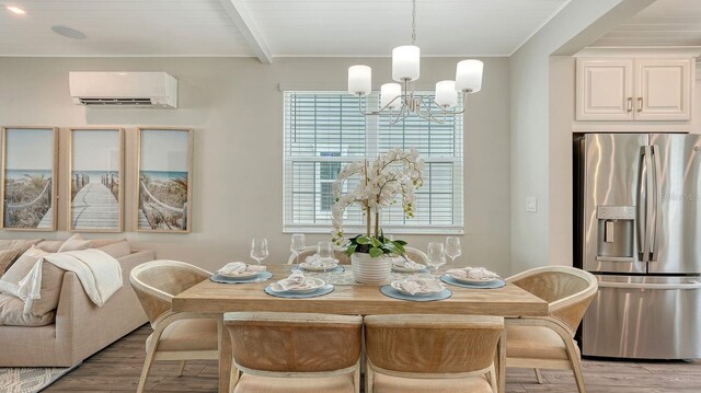 4322 Marina View Way, Cortez, FL 34215 - dining area with an AC wall unit, a chandelier, light wood-style flooring, and beam ceiling