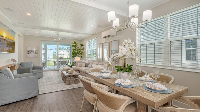 4322 Marina View Way, Cortez, FL 34215 - dining area with an AC wall unit, wood finished floors, wood ceiling with exposed beams, recessed lighting, and a chandelier