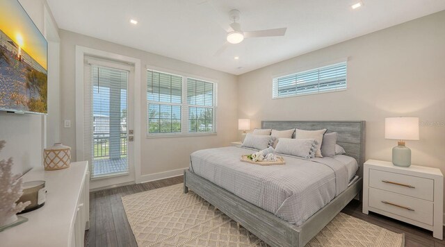 4322 Marina View Way, Cortez, FL 34215 - bedroom featuring wood finished floors, access to outside, baseboards, recessed lighting, and ceiling fan
