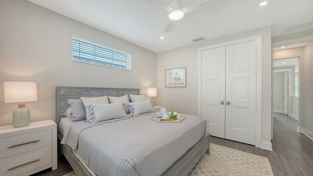4322 Marina View Way, Cortez, FL 34215 - bedroom with a closet, wood finished floors, ceiling fan, recessed lighting, and baseboards