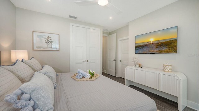 4322 Marina View Way, Cortez, FL 34215 - bedroom with dark wood-style flooring, baseboards, a closet, recessed lighting, and a ceiling fan