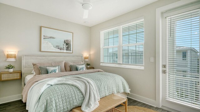 4322 Marina View Way, Cortez, FL 34215 - bedroom featuring baseboards, wood finished floors, and ceiling fan