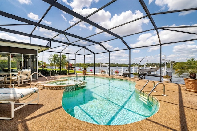 14544 Riverside Dr, Fort Myers, FL 33905 - view of swimming pool with a patio, a pool with connected hot tub, and glass enclosure