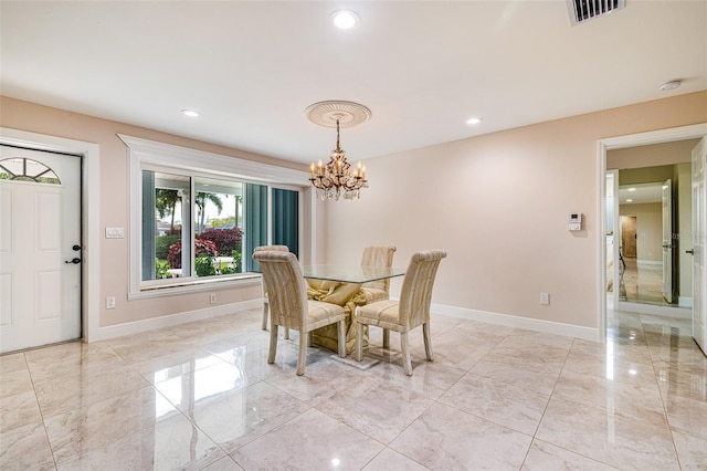 14544 Riverside Dr, Fort Myers, FL 33905 - dining area featuring light marble finish flooring, a chandelier, baseboards, and recessed lighting