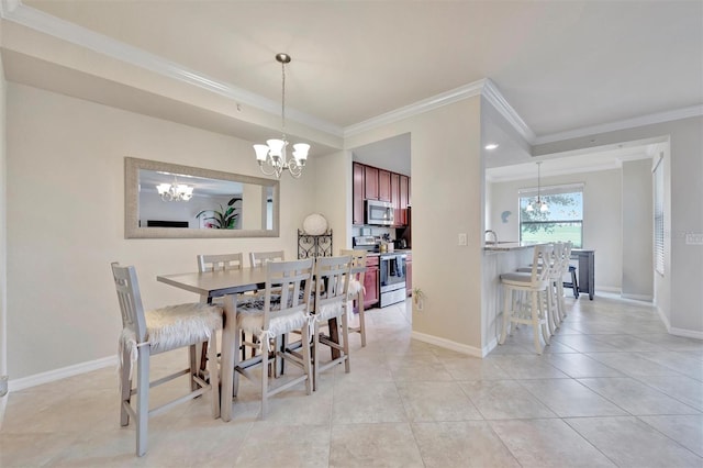 5528 Palmer Cir Unit 104, Bradenton, FL 34211 - dining area featuring a chandelier, crown molding, baseboards, and light tile patterned floors